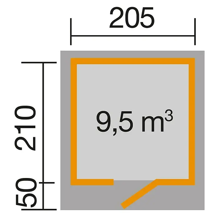 Weka wekaLine Gartenhaus Designhaus 172 - Außenmaß inkl. Dachüberstand (B x T): 249 x 284 cm, Holz, Natur, 4,325 m² - Grundrisszeichnung eines Gartenhauses mit den Maßen 205 x 210 cm und einem Volumen von 9,5 m³. Die Skizze zeigt Details der Struktur.