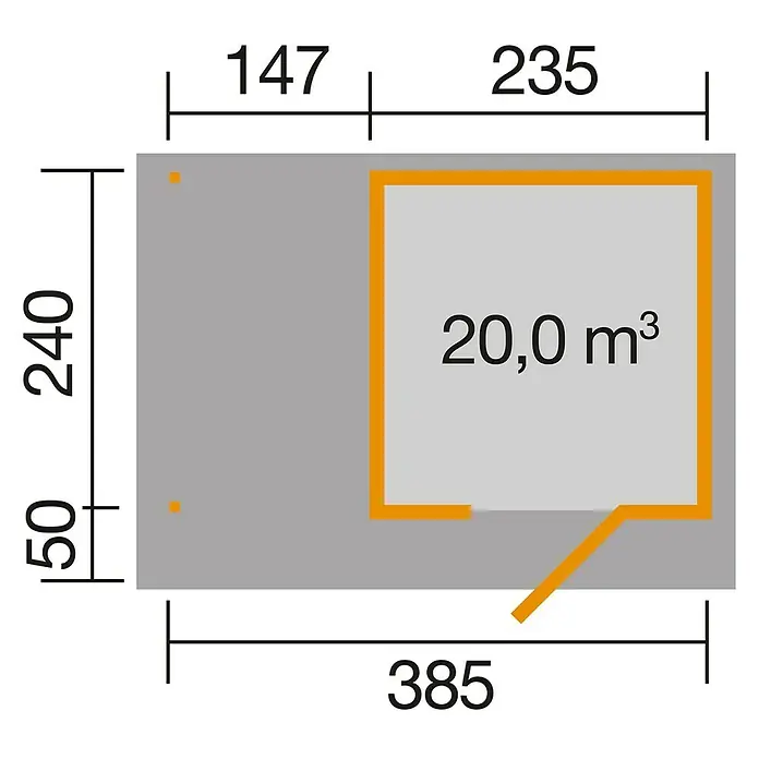 Weka wekaLine Gartenhaus Designhaus 172 + Anbau 150 cm - Außenmaß inkl. Dachüberstand (B x T): 424 x 316 cm, Holz, Natur, 9,278 m² - Schematische Darstellung eines Gebäude Grundrisses mit Maßen, die die Abmessungen und das Volumen von 20,0 m³ zeigen.