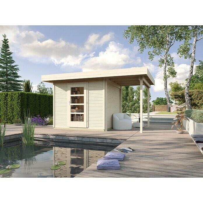 Weka wekaLine Gartenhaus Designhaus 172 + Anbau 150 cm (Außenmaß inkl.  Dachüberstand (B x T): 424 x 316 cm, Holz, Anthrazit/Weiß, 9,278 m²) |  BAUHAUS