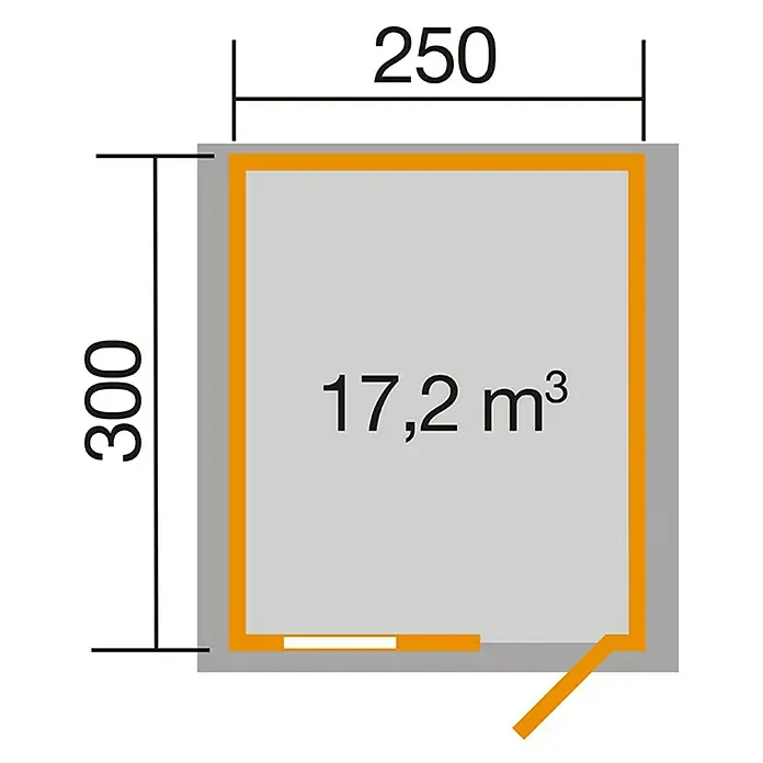 Weka Gartenhaus Premium 28 FT - Außenmaß inkl. Dachüberstand (B x T): 300 x 334 cm, Holz, Natur, 7,5 m² - Grundriss eines Raumes mit den Maßen 250 x 300 cm und einem Volumen von 17,2 m³. Die Wandstärke ist durch einen grauen Rand angedeutet.
