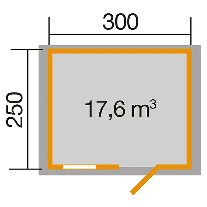 Weka Gartenhaus Premium 28 FT - Außenmaß inkl. Dachüberstand (B x T): 380 x 284 cm, Holz, Natur - Grundriss eines Raumes mit den Maßen 300 x 250 und einem Volumen von 17,6 m³.