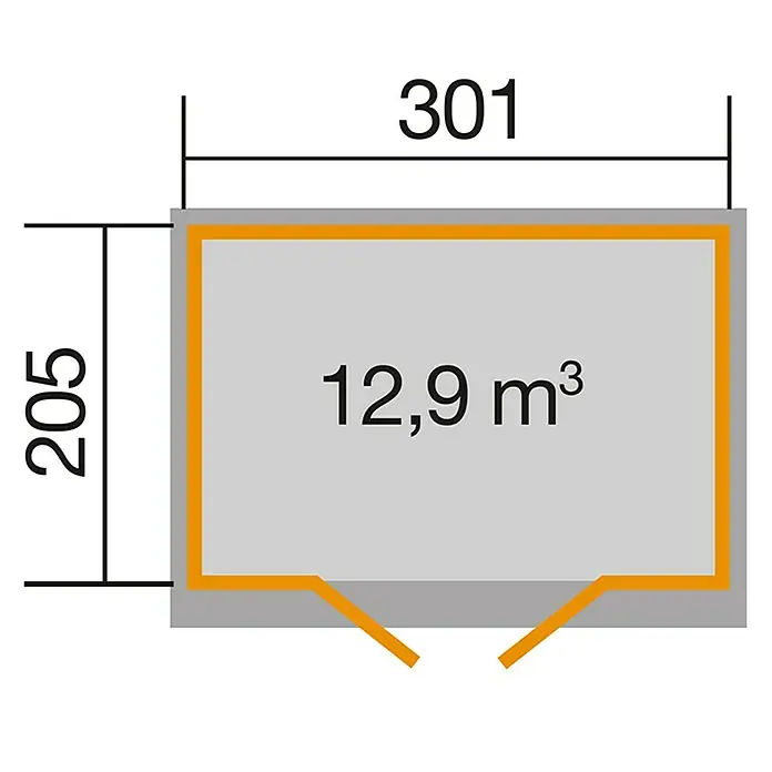Weka Gartenhaus 218 - Außenmaß inkl. Dachüberstand (B x T): 320 x 239 cm, Holz, Anthrazit/Weiß, 6,17 m² - Grundriss des Gerätehauses mit den Maßen 301 x 205 cm und einem Volumen von 12,9 m³.