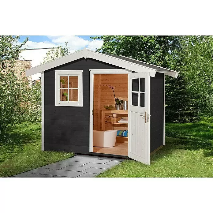 Weka Gartenhaus 123 - Außenmaß inkl. Dachüberstand (B x T): 380 x 324 cm, Holz, Anthrazit/Weiß, 8,88 m² - Stimmungsaufnahme
