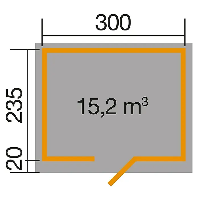 Weka Gerätehaus 260 - Wandstärke: 28 mm, 7,05 m² - Grundrisszeichnung eines rechteckigen Gebäudes mit den Maßen 300 x 235 und einem Volumen von 15,2 m³.