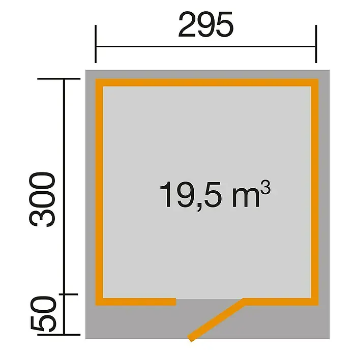 Weka wekaLine Gartenhaus Designhaus 172 - Außenmaß inkl. Dachüberstand (B x T): 339 x 377 cm, Holz, Natur, 8,88 m² - Grundriss des Gartenhauses mit den Maßen 295 x 300 cm und einem Volumen von 19,5 m³.