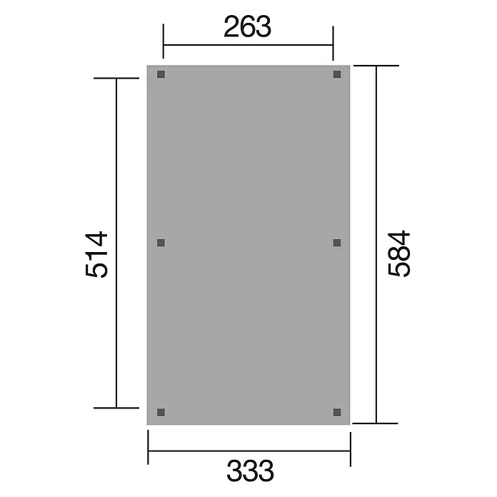 Weka Pavillon Gartenoase 651 B - L x B: 333 x 584 cm - Abbildung mit Maßangaben eines grauen Rechtecks, die die Dimensionen 263, 333, 514 und 584 zeigen. Technische Zeichnung mit Bemaßungen.
