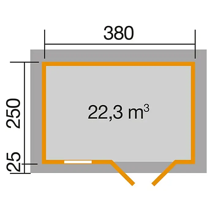 Weka Gartenhaus 163 - Außenmaß inkl. Dachüberstand (B x T): 450 x 300 cm, Holz, Natur, 9,5 m² - Grundrisszeichnung mit Bemaßung, die eine rechteckige Fläche von 22,3 m³ darstellt, inklusive Längenangaben in Millimetern für Bauplanung.