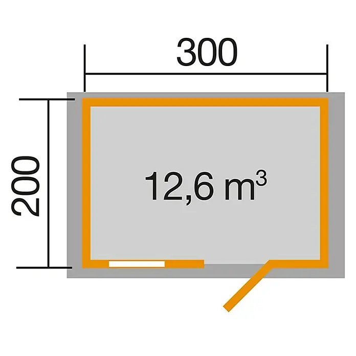 Weka Gartenhaus Premium 28 FT - Außenmaß inkl. Dachüberstand (B x T): 380 x 234 cm, Holz, Natur - Grundriss eines Hauses mit Maßen 300 x 200 und einem Volumen von 12,6 m³.