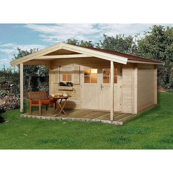 Weka Gartenhaus 136 - Außenmaß inkl. Dachüberstand (B x T): 460 x 594 cm, Holz, Natur, 22,04 m², Mit Vordach - Holzgartenhaus mit überdachter Veranda, ideal für entspannte Stunden im Freien. Rustikaler Charme trifft auf Funktionalität.