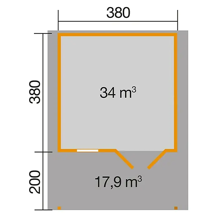 Weka Gartenhaus 136 - Außenmaß inkl. Dachüberstand (B x T): 460 x 594 cm, Holz, Natur, 22,04 m², Mit Vordach - Grundrisszeichnung eines Raumes mit den Maßen 380 x 380 cm und einem Anbau von 200 cm, mit Volumenangaben von 34 m³ und 17,9 m³.