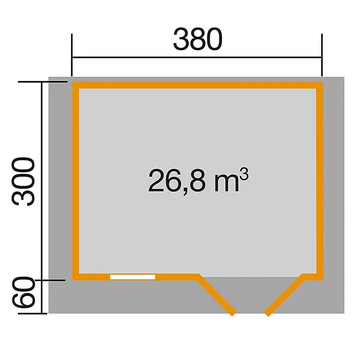 Weka Gartenhaus 136 - Außenmaß inkl. Dachüberstand (B x T): 460 x 374 cm, Holz, Natur, 11,4 m², Ohne Vordach & Brüstungsgeländer - Grundriss des Gartenhauses mit den Maßen 380 x 300 cm und einer Höhe von 60 cm, Volumen 26,8 m³.