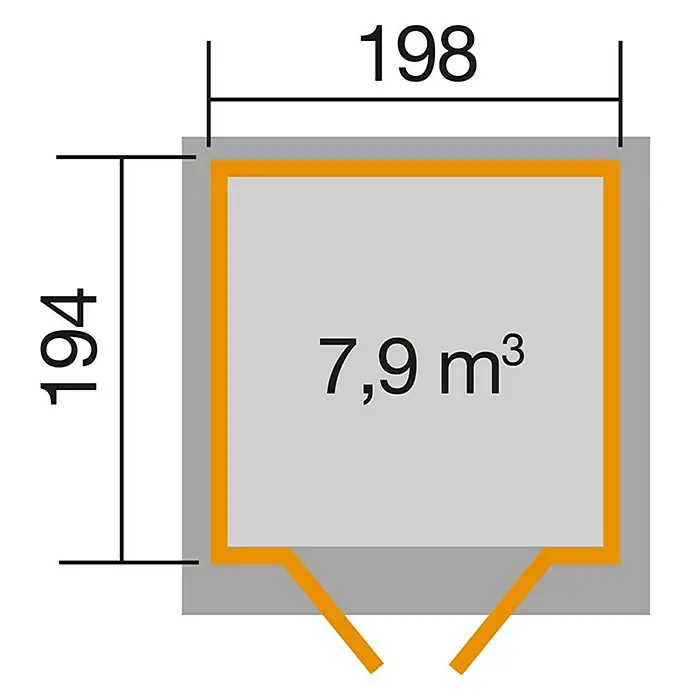 Weka Gerätehaus 325 - Außenmaß inkl. Dachüberstand (B x T): 200 x 241 cm, Holz, 3,842 m², Wandstärke: 19 mm, Natur - Grundrissansicht eines kleinen Gebäudes oder Raumes mit Maßangaben und Volumenangabe.