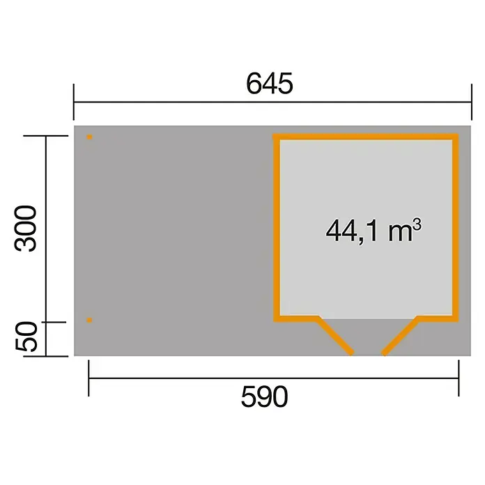 Weka Gartenhaus Designhaus 126 B+ - Außenmaß inkl. Dachüberstand (B x T): 645 x 377 cm, Holz, Natur, 17,759 m² - Grundrisszeichnung eines Gebäudes mit den Maßen 645 x 350 (300 + 50) und einem Volumen von 44,1 m³.
