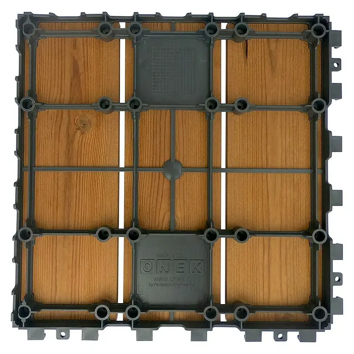 Klickfliese Smartdeck - Kiefer, 30 x 30 x 2,5 cm, Naturbraun, 6 Stk. - Quadratische, braune Outdoor-Fliese aus Holz mit grauen Kunststoffelementen für einfaches Verlegen im Außenbereich.