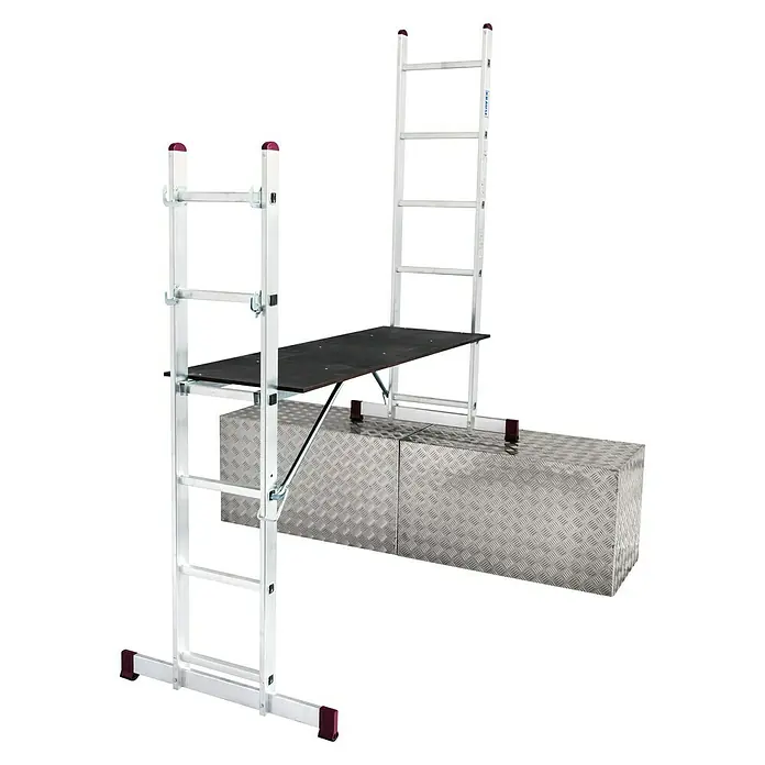 Krause Corda Andamio metálico - Altura de trabajo: 3,75 m, Número de peldaños: 12 ud., Capacidad de carga del andamio: 150 kg/m² - Una versátil escalera plegable con plataforma, ideal para diversas tareas. Su robusta construcción garantiza seguridad y estabilidad.
