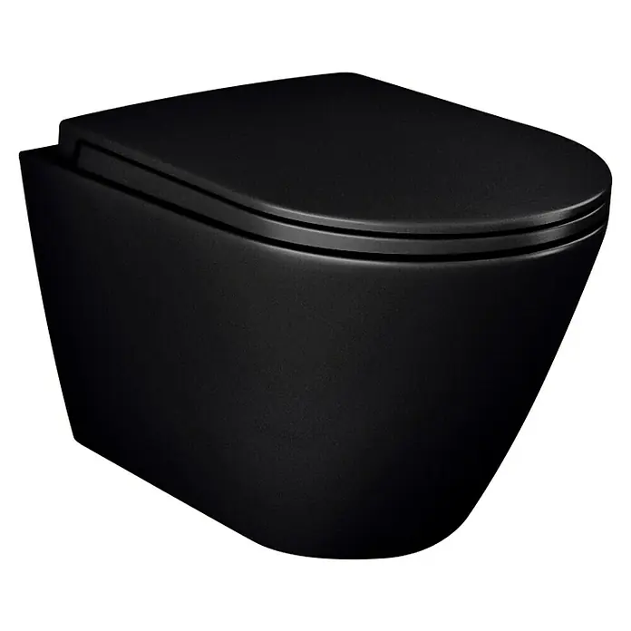 RAK Ceramics Feeling Wand-WC - Spülrandlos, Ohne Spezialglasur, Spülform: Tief, WC Abgang: Waagerecht, Schwarz, Matt - Elegante, wandhängende Toilette in Mattschwarz. Zeitgemäßes Design für moderne Badezimmer mit schlanken Linien und minimalistischer Ästhetik.