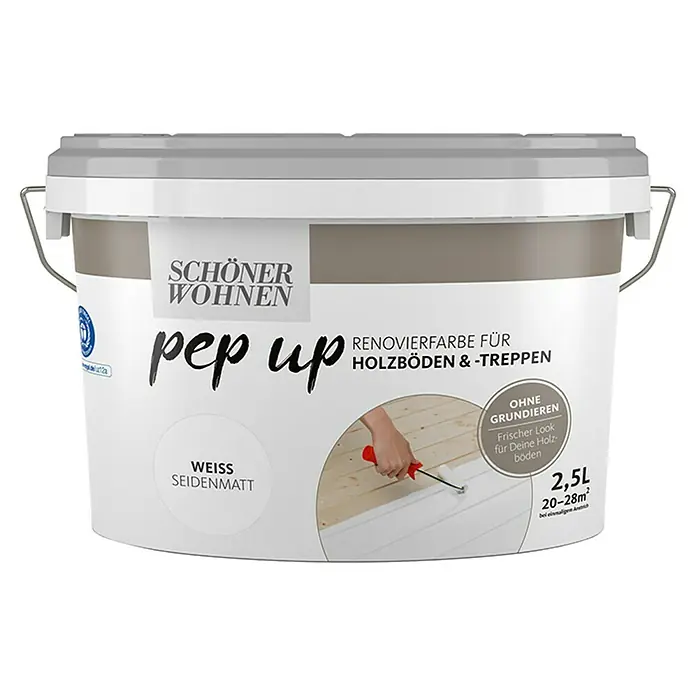 SCHÖNER WOHNEN-Farbe Pep up Weißlack für Holzböden & -Treppen - Weiß, Seidenmatt, 2,5 l, Wasserbasiert - Farbdose "Schöner Wohnen pep up" Renovierfarbe für Holzböden & Treppen, Weiss Seidenmatt, 2,5L. Ideal für frische Looks ohne Grundieren.