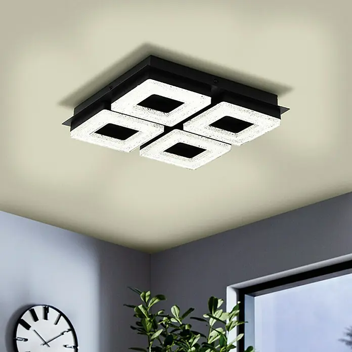 Eglo Plafón LED para pared y techo Fradelo 1 - 16 W, L x An x Al: 28 x 28 x 6 cm, Negro/blanco, Blanco cálido - Lámpara de techo cuadrada con cuatro superficies de iluminación y marco negro para soluciones de iluminación modernas.