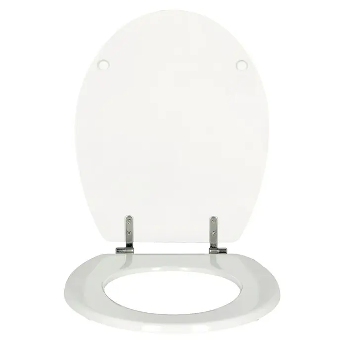 Poseidon WC-Sitz Argos - MDF, Weiß - Ein weißer Toilettensitz mit Deckel und silbernen Scharnieren, ideal für jedes Badezimmerdesign. Sorgt für Komfort und Hygiene.
