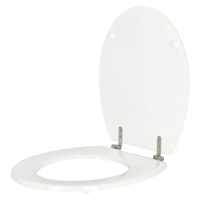 Poseidon WC-Sitz Argos - MDF, Weiß - Hier ist ein Foto eines weißen Toilettensitzes mit Deckel, der auf einem schwarzen Hintergrund geöffnet ist. Der Toilettensitz hat eine ovale Form.