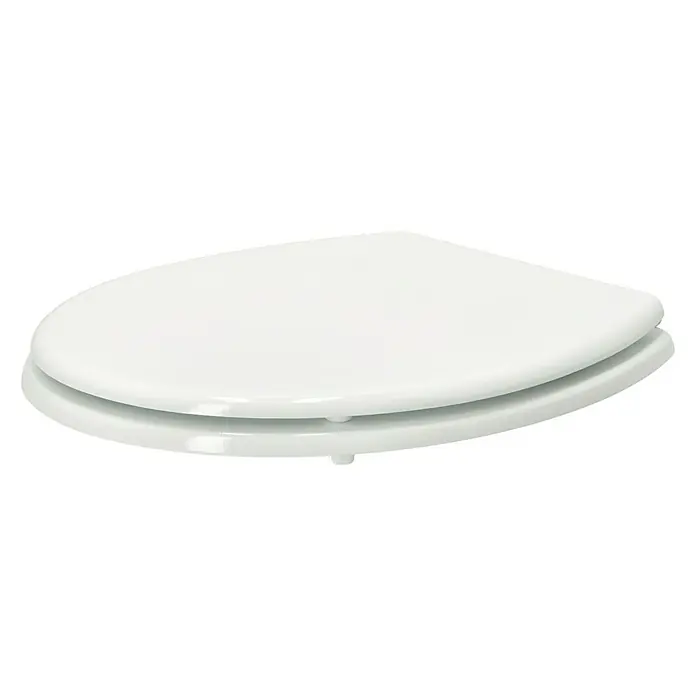 Poseidon WC-Sitz Argos - MDF, Weiß - Nahaufnahme eines weißen Toilettendeckels mit leicht gewölbter Form und glänzender Oberfläche vor schwarzem Hintergrund.