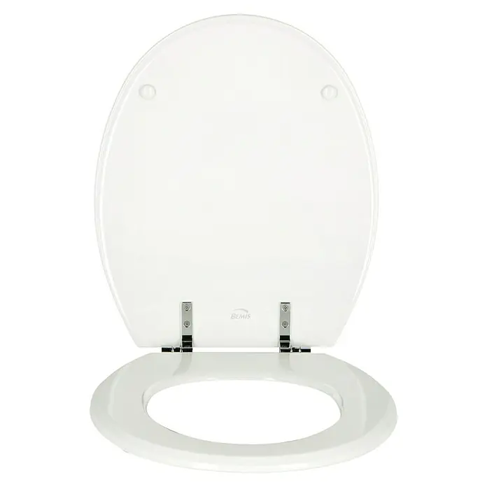 Poseidon WC-Sitz Rio - Holz, Weiß - Nahaufnahme eines weißen Toilettensitzes der Marke Bemis mit glänzender Oberfläche und Chromscharnieren, der eine moderne Badezimmerästhetik bietet.