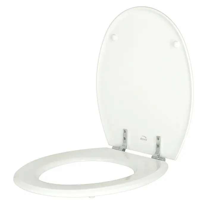 Poseidon WC-Sitz Rio - Holz, Weiß - Ein weißer Toilettensitz der Marke BEMIS mit ovaler Form ist halb geöffnet vor einem schwarzen Hintergrund zu sehen.