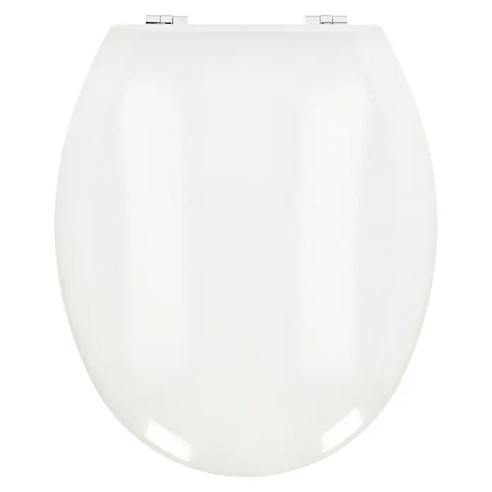 Poseidon WC-Sitz Rio - Holz, Weiß - Nahaufnahme eines weißen Toilettensitzes mit glänzenden Metallscharnieren, ideal für jedes moderne Badezimmer.