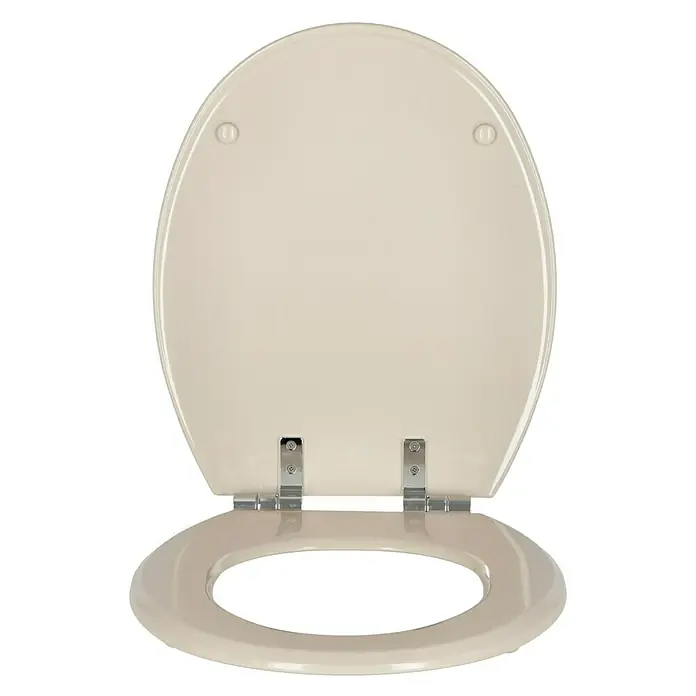 Poseidon WC-Sitz Rio - Holz, Bahama Beige, Mit Absenkautomatik - Nahaufnahme eines cremefarbenen WC-Sitzes mit Edelstahlscharnieren, der eine Kombination aus Komfort und Haltbarkeit für jedes Badezimmer verspricht.