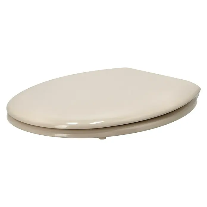 Poseidon WC-Sitz Rio - Holz, Bahama Beige, Mit Absenkautomatik - Nahaufnahme eines beigen Toilettensitzes vor einem schwarzen Hintergrund.