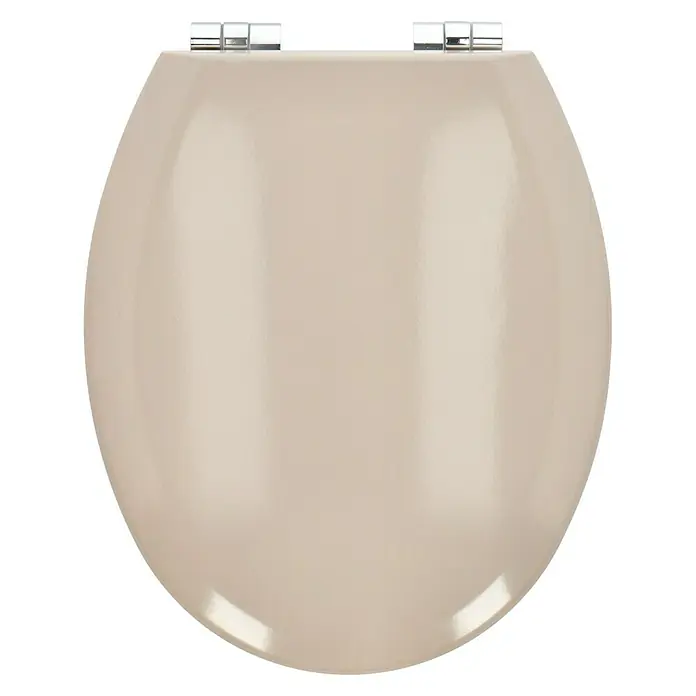 Poseidon WC-Sitz Rio - Holz, Bahama Beige, Mit Absenkautomatik - Nahaufnahme eines beigefarbenen WC-Sitzes mit Chromscharnieren, der ein schlichtes und elegantes Design für moderne Badezimmer zeigt.