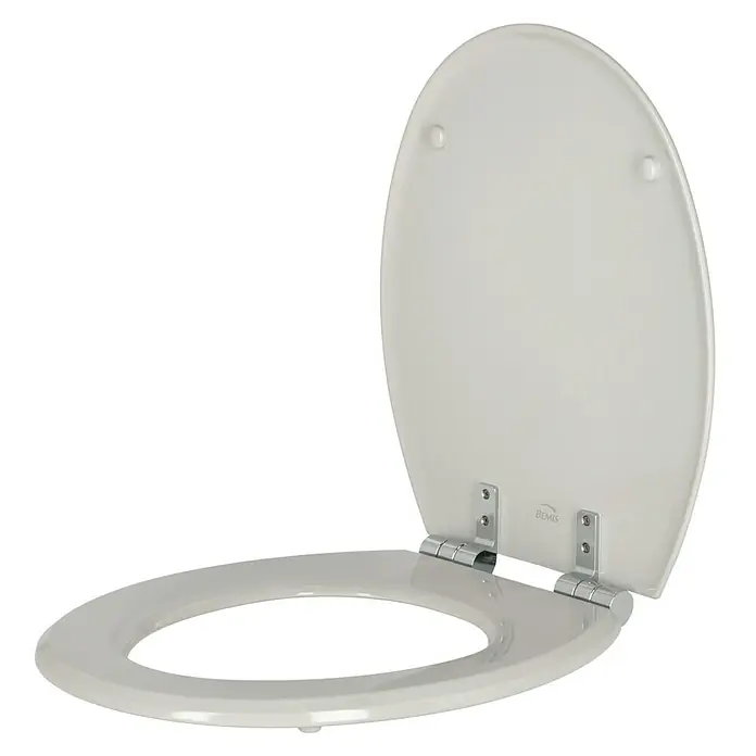 Poseidon WC-Sitz Rio - Holz, Manhattangrau, Mit Absenkautomatik - Ein offener, cremefarbener Toilettensitz von Bemis, der die schlichte Eleganz und Funktionalität für jedes moderne Badezimmer hervorhebt.