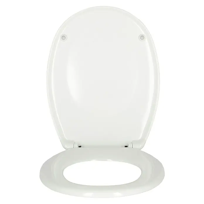 Poseidon WC-Sitz Ottawa - Duroplast, Weiß, Mit Absenkautomatik - Ein Toilettensitz aus weißem Kunststoff mit Deckel, der zur Reinigung hochgeklappt ist. Ideal für jedes Badezimmer.