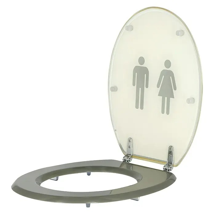 Poseidon WC-Sitz One - Polyresin, Grau - Ein geöffneter Toilettensitz mit Unisex-Symbolen auf dem Deckel, ideal für jedes Badezimmerdesign.