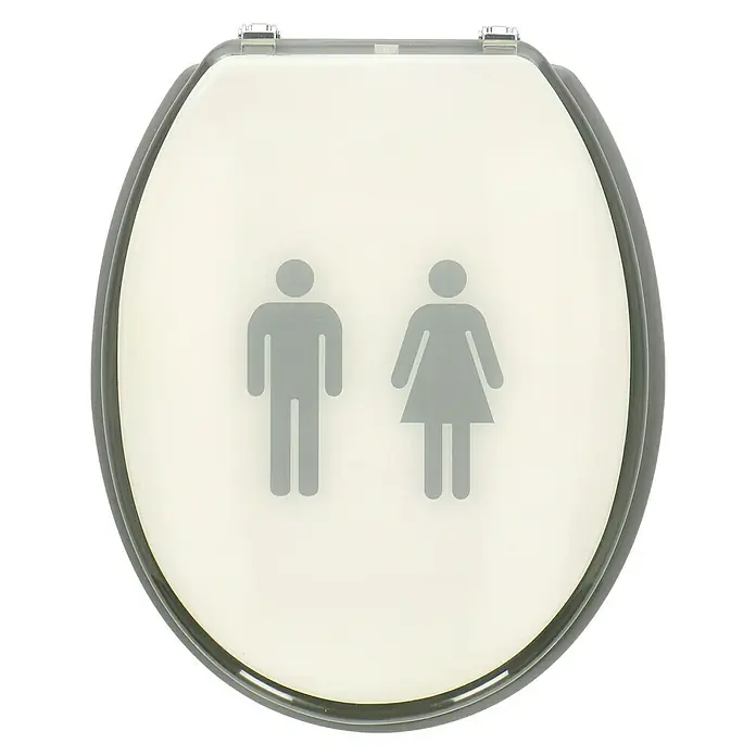 Poseidon WC-Sitz One - Polyresin, Grau - Eine Toilettenbrille mit einem Symbol für Männer und Frauen in Grau auf einem schlichten weißen Hintergrund, die durch eine graue Umrandung ergänzt wird.