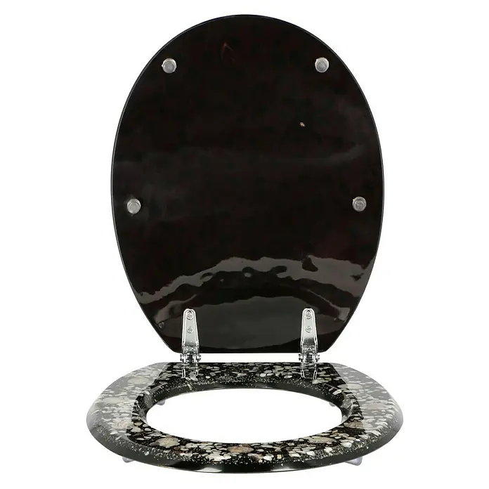 Poseidon WC-Sitz Concha - Polyresin, Schwarz - Elegante Toilettenbrille in Schwarz und Grau mit dekorativem Muster. Der Toilettendeckel ist in einem glänzenden Schwarz gehalten.
