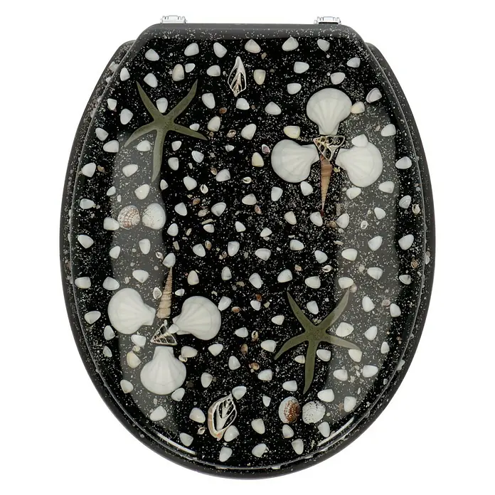 Poseidon WC-Sitz Concha - Polyresin, Schwarz - WC-Sitz mit schwarzem Harz, Sand, Muscheln und Seesternen für ein maritimes Flair im Badezimmer. Der Hingucker für jedes Badezimmer.