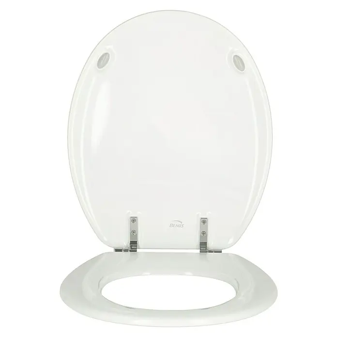 Poseidon WC-Sitz Canada - Holz, Weiß - Ein offener, weißer Toilettensitz der Marke Bemis ist zu sehen, der für Komfort und Hygiene in jedem Badezimmer sorgt.