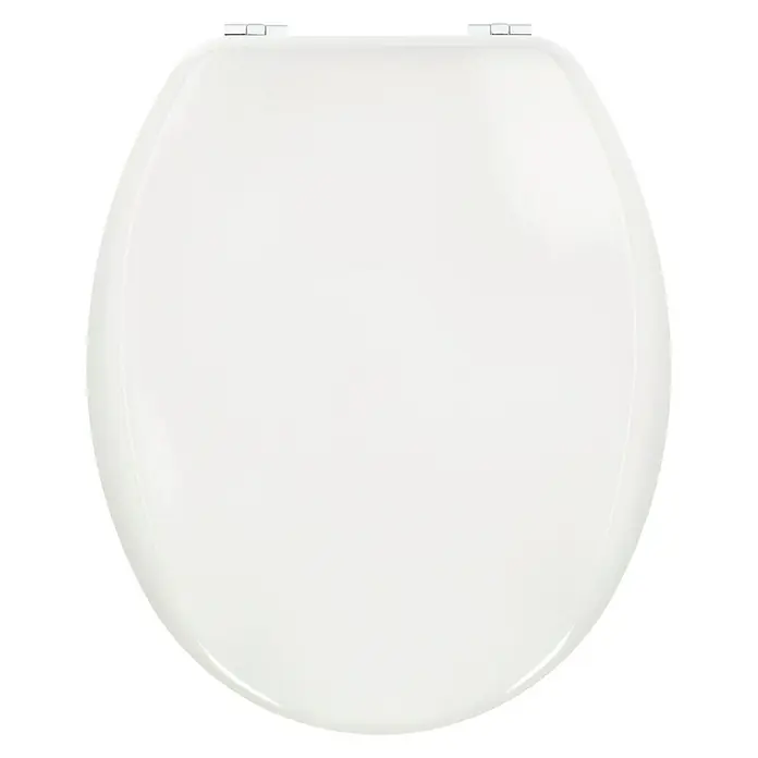 Poseidon WC-Sitz Canada - Holz, Weiß - Nahaufnahme eines weißen Toilettendeckels mit glänzender Oberfläche, der auf einem schwarzen Hintergrund platziert ist. Er präsentiert ein minimalistisches Design.