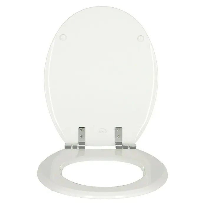 Poseidon WC-Sitz Canyon - Holz, Weiß, Mit Absenkautomatik - Nahaufnahme eines weißen Toilettensitzes mit Chromscharnieren vor einem schwarzen Hintergrund.