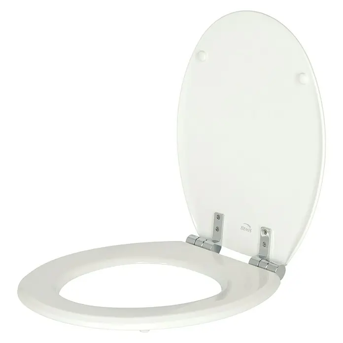 Poseidon WC-Sitz Canyon - Holz, Weiß, Mit Absenkautomatik - Offener weißer Bemis-Toilettensitz mit Chrombeschlägen, der Komfort und Funktionalität im Badezimmer bietet.