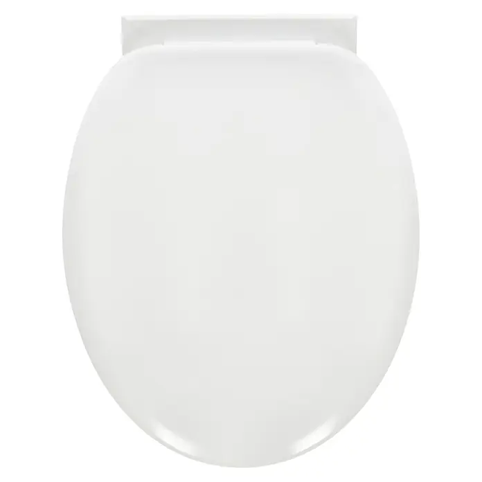 WC-Sitz Miami - Kunststoff, Weiß, Mit Absenkautomatik - Nahaufnahme eines weißen Toilettendeckels. Perfekt für Badezimmer-Renovierungen oder als Ersatzteil.