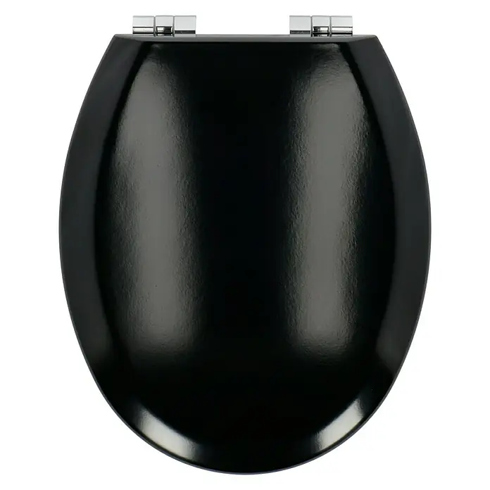 Poseidon WC-Sitz Rio - Holz, Schwarz, Mit Absenkautomatik - Nahaufnahme eines glänzenden, schwarzen WC-Sitzes mit Chromscharnieren, der ein elegantes Badezimmer-Accessoire darstellt.