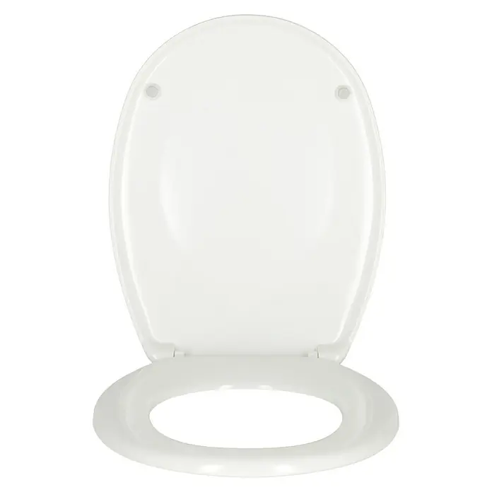 Poseidon WC-Sitz Tampa - Duroplast, Weiß - Detailansicht eines weißen Toilettensitzes, der eine klare und minimalistische Ästhetik auf einem schlichten, schwarzen Hintergrund präsentiert.