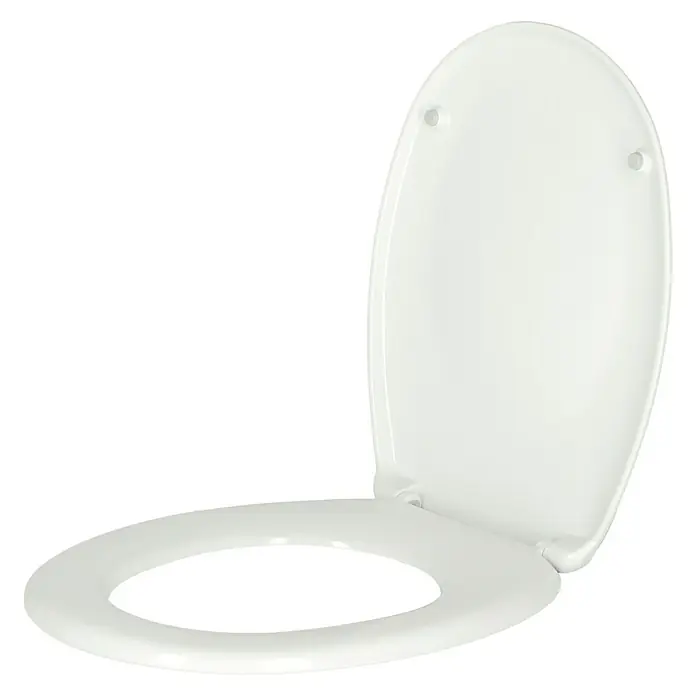 Poseidon WC-Sitz Tampa - Duroplast, Weiß - Nahaufnahme eines weißen Toilettensitzes, der leicht geöffnet ist und auf einem schwarzen Hintergrund präsentiert wird.