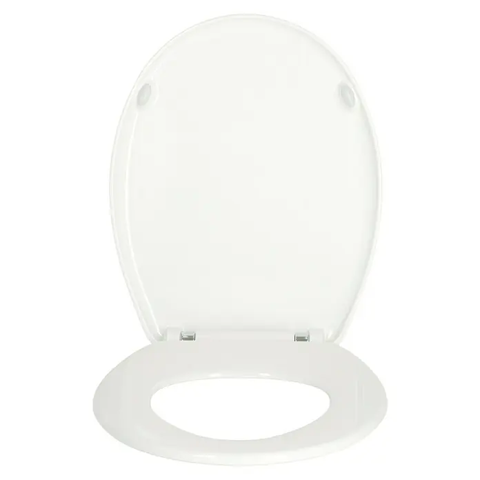Poseidon WC-Sitz Florenz - Duroplast, Weiß, Mit Absenkautomatik - Nahaufnahme eines weißen Toilettensitzes mit Deckel, der auf einem schwarzen Hintergrund leicht geöffnet ist. Sanitärkeramik für Badezimmer.