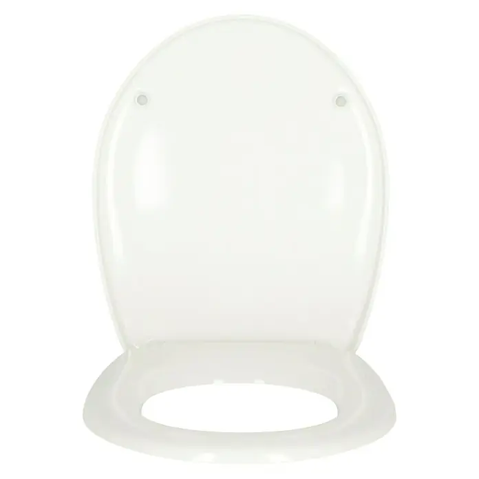 Poseidon WC-Sitz Dover - Duroplast, Weiß - Nahaufnahme eines weißen Toilettensitzes vor einem schwarzen Hintergrund, der ein minimalistisches und hygienisches Design zeigt.