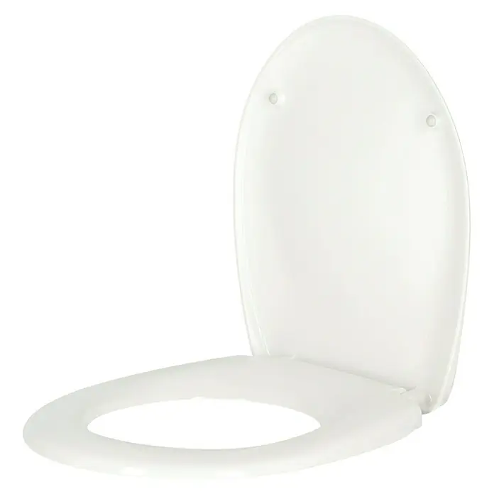 Poseidon WC-Sitz Dover - Duroplast, Weiß - Nahaufnahme eines weißen Toilettensitzes mit Deckel auf schwarzem Hintergrund. Hervorragende Sanitärkeramik für jedes Badezimmer.