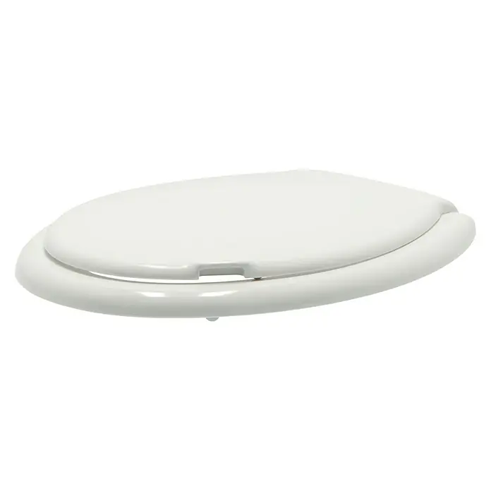 Poseidon WC-Sitz Dallas - Duroplast, Weiß - Nahaufnahme eines weißen WC-Sitzes mit Deckel auf schwarzem Hintergrund, der ein elegantes und funktionales Design zeigt.