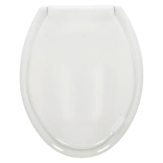 Poseidon WC-Sitz Dallas - Duroplast, Weiß - Das Bild zeigt einen weißen Toilettensitz mit Deckel vor einem schwarzen Hintergrund. Der Sitz ist oval geformt und glänzend.